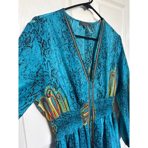 Gracia Maxi Dress Blue Green Smocked Waist Front Slit Boho Whimsical medium - Picture 9 of 16